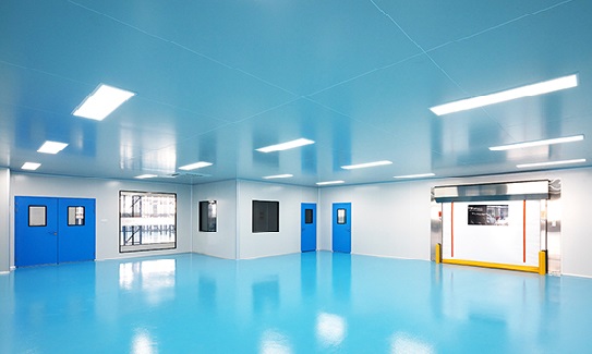 Sterile production environment with cleanroom flooring and blue doors